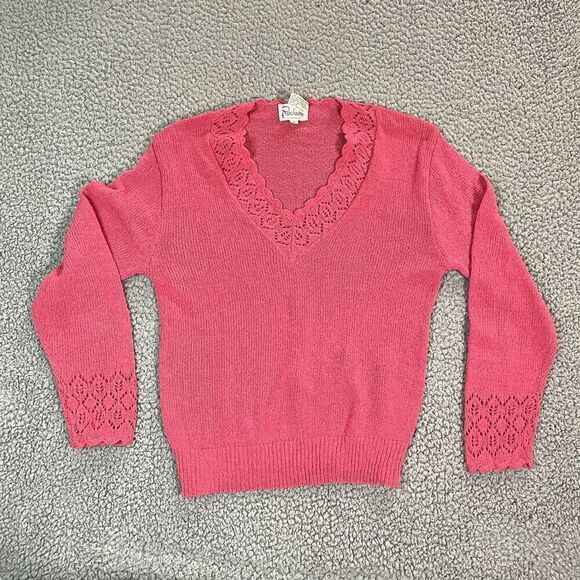 Vintage Rochelle Sweater Women's V Neck PInk Cottage Granny 70's 80's Small - Picture 1 of 6